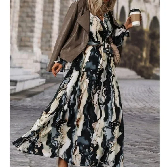Belted Flounce Sleeve A-Line Marble Print maxi Dress - Picture 2 of 7